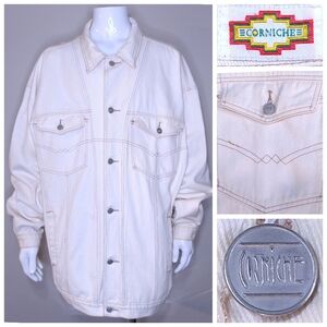 CORNICHE Vintage Denim Jean Jacket XL White TAN Stitch RARE Vtg 90s GRUNGE USA